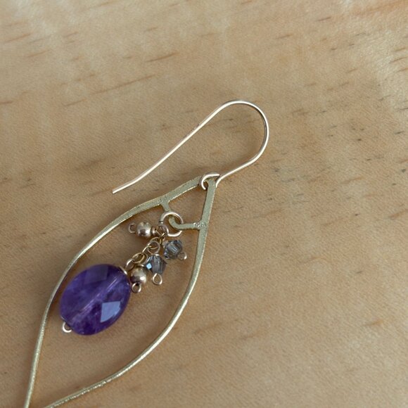 14Kt Gold Fill Amethyst Drop Leaf Earrings Handmade Artisan - Picture 5 of 7